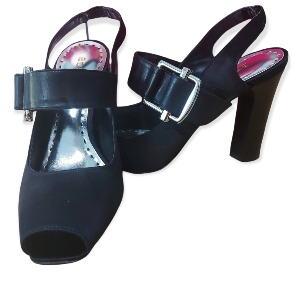BCBGIRLS Black Satin Heels Size 7 - Picture 3 of 9